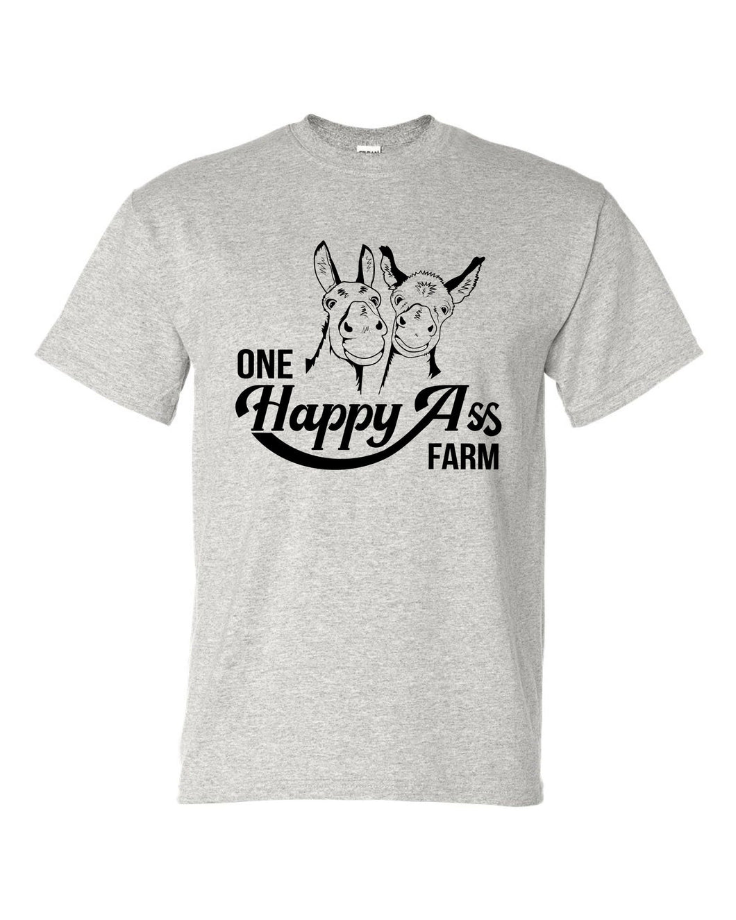 One Happy Ass Farm Outline logo on 50/50 blend t-shirts